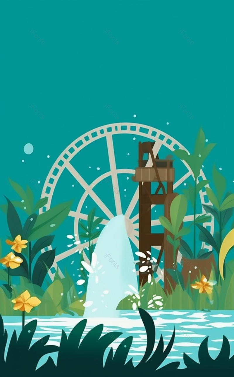 绿植小满水车池塘手绘插画背景,插画/手绘图,插画/手绘图库,插画/手绘图下载,插画/手绘